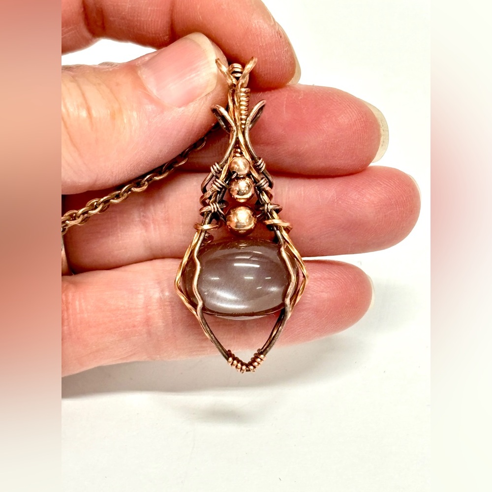 HANDMADE Brown Moonstone Hand Wrapped Copper Pendant Necklace, Artisan Jewelry